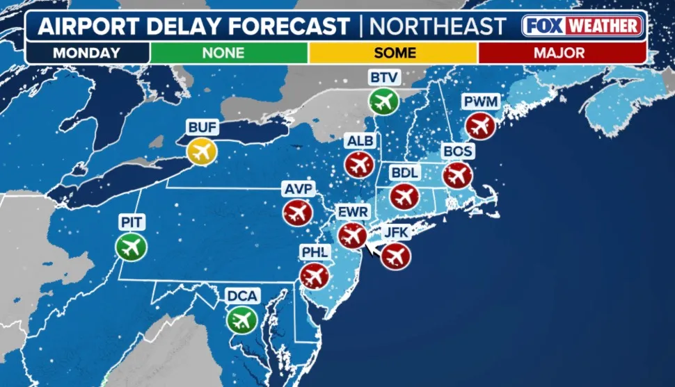 Illustration of a Northeast airport delay forecast for Monday, showing major delays at airports like JFK, EWR, and PHL.