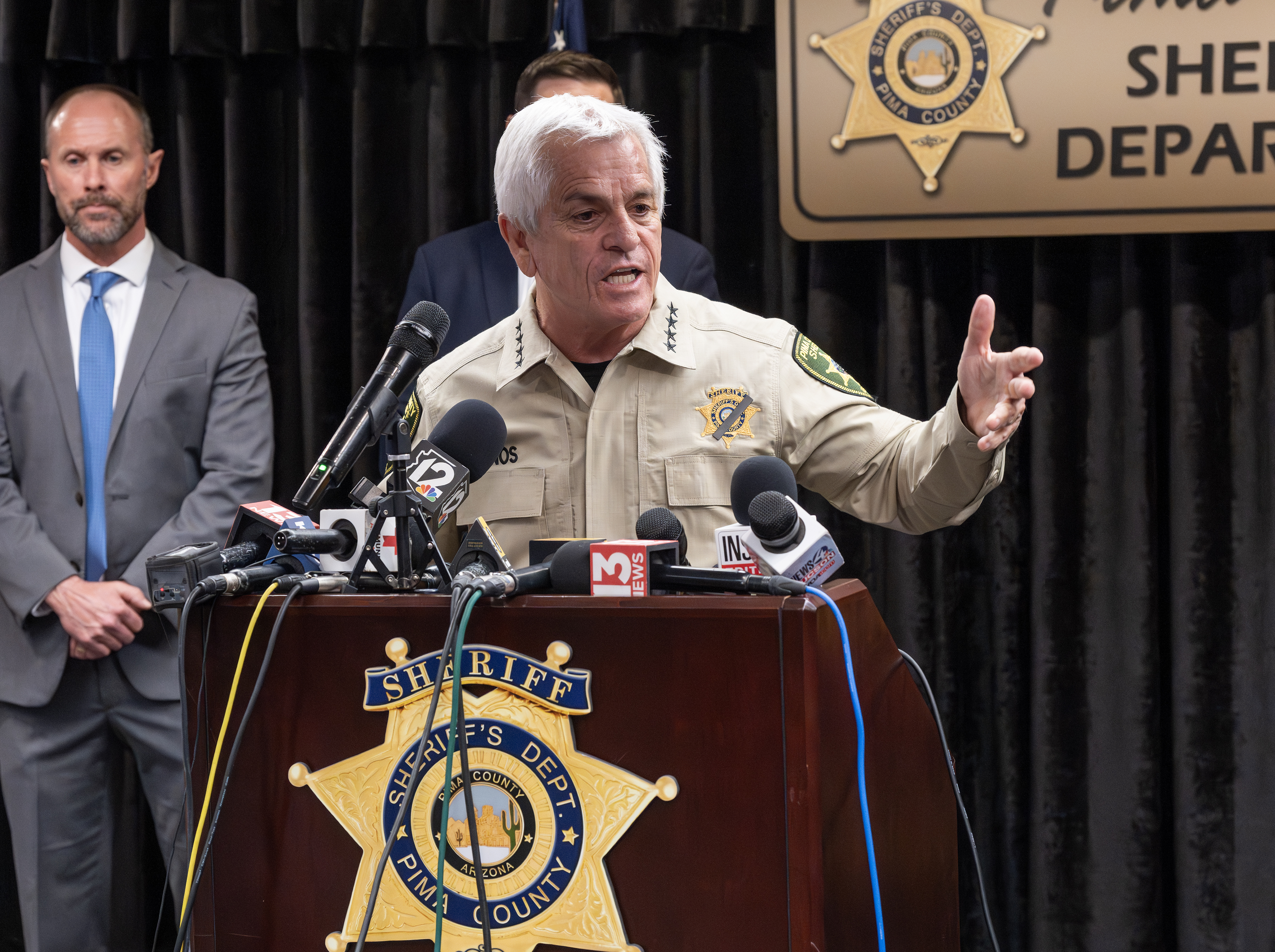 Pima County Sheriff Chris Nanos speaking at a press conference regarding the search for Nancy Guthrie.