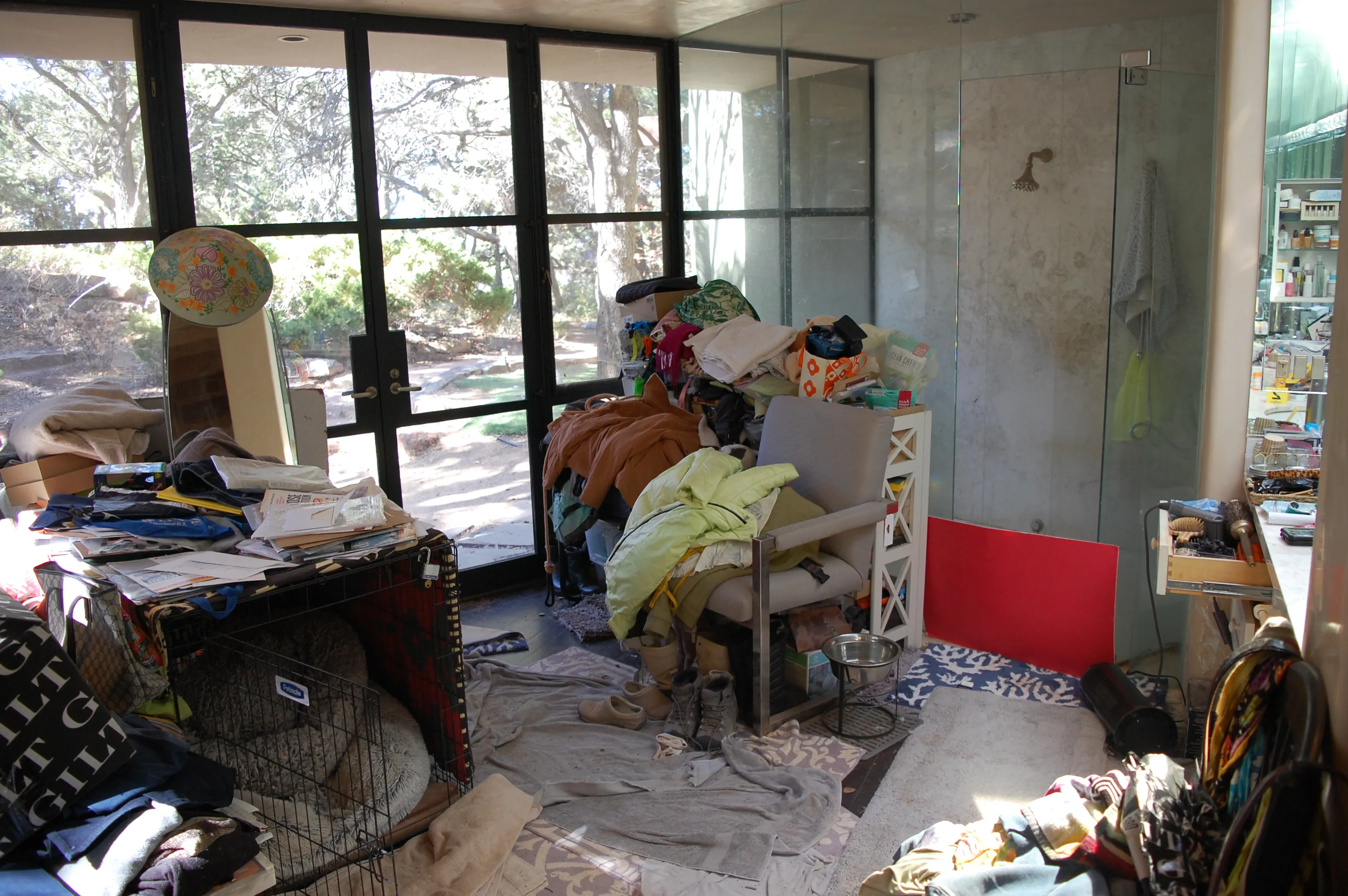 A cluttered room with large windows showing trees outside, featuring a glass-walled shower, a dog crate, and clothes piled on furniture.