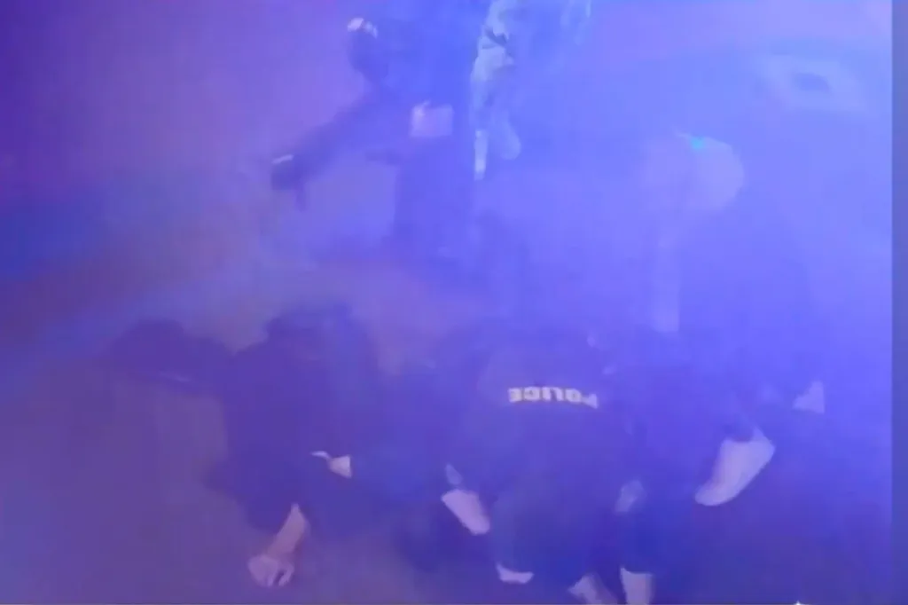 Police officers hold a man on the ground.