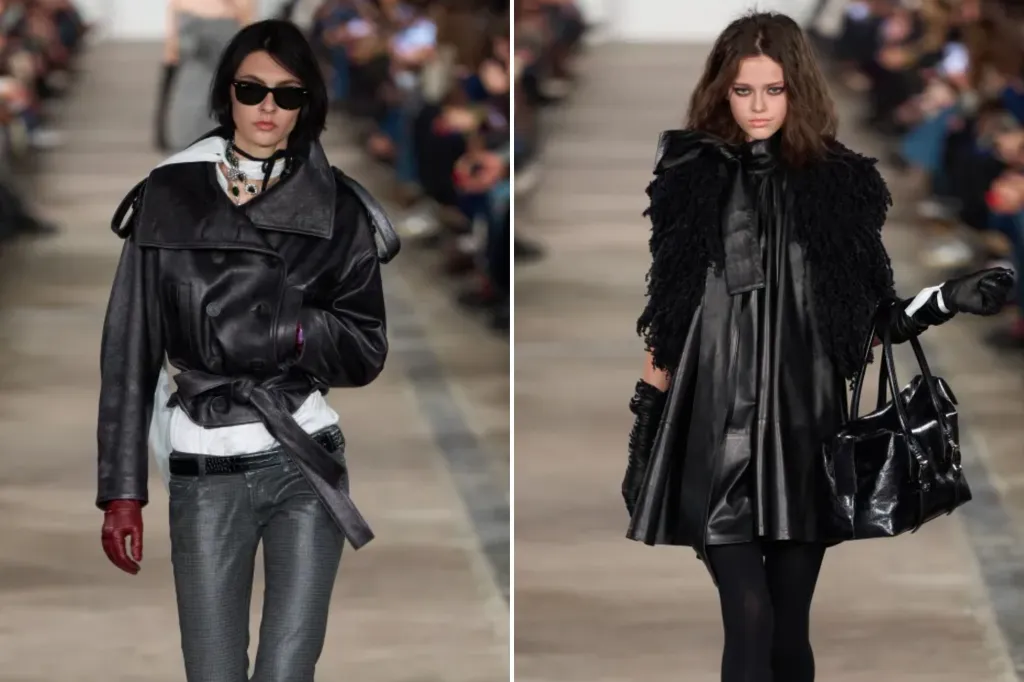 An image collage containing 2 images, Image 1 shows A model in a black leather jacket, dark patterned pants, red gloves, and sunglasses walks the runway, Image 2 shows A model walks the runway in a black leather dress with a textured black shrug, black tights, gloves, and a shiny black handbag