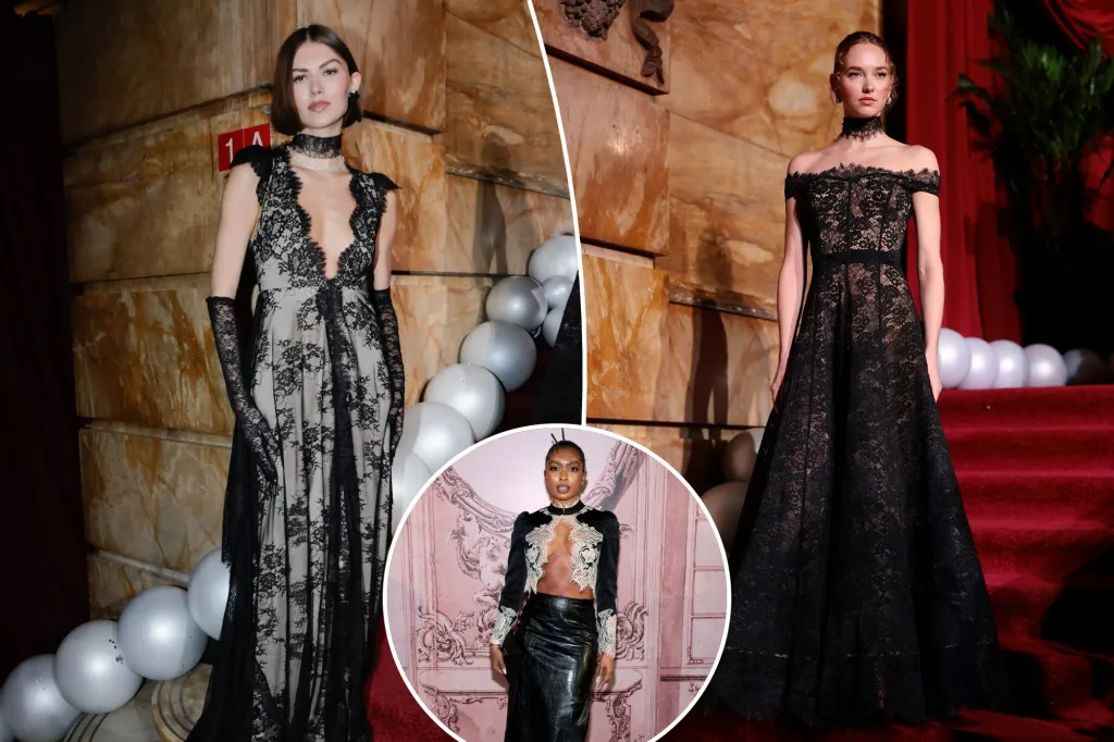 An image collage containing 3 images, Image 1 shows A model walks the runway in a black lace dress with a deep V-neck and long sleeves, paired with a diamond choker and black flower earrings, Image 2 shows A model wearing a black lace off-the-shoulder gown and choker, standing on a red carpeted staircase, Image 3 shows Jourdan Riane in a black cropped jacket with white lace over a black leather skirt