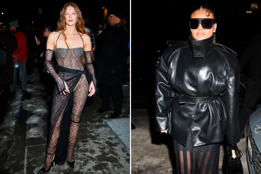 An image collage containing 2 images, Image 1 shows Larsen Thompson poses in a black lace halter gown with a long skirt and sleeves, Image 2 shows Azaryah Milan in a black leather jacket, striped sheer skirt, and large sunglasses