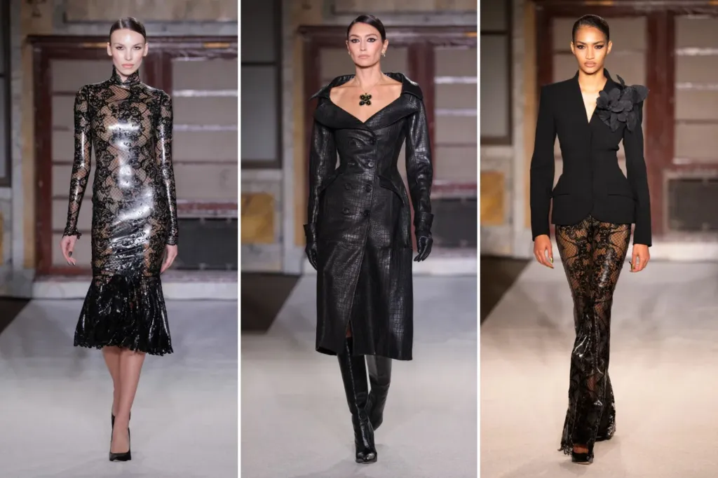 An image collage containing 3 images, Image 1 shows Model walks runway in a black lace and latex dress by Sergio Hudson, Image 2 shows A model wearing a black crocodile-embossed leather coat with a wide lapel, black gloves, and knee-high boots by Sergio Hudson, Image 3 shows Model on the runway wearing a black blazer with a floral embellishment and lace-patterned pants