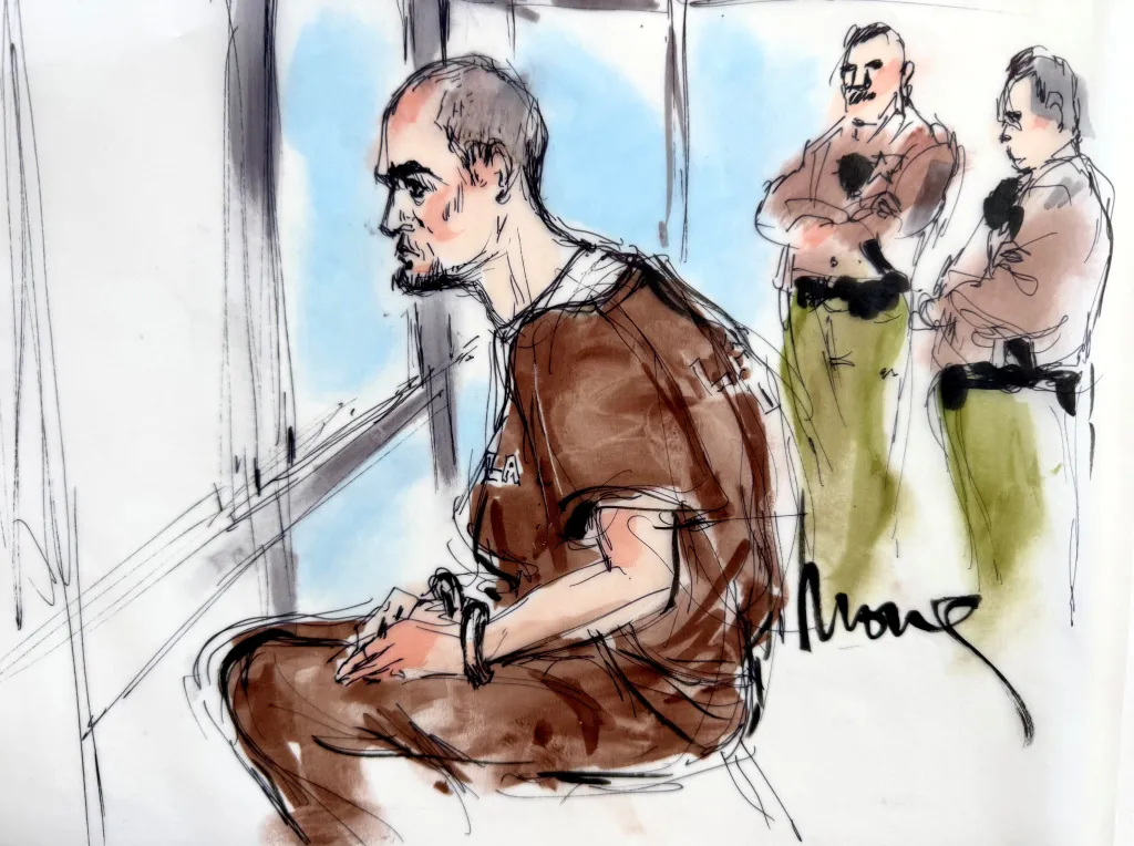 Illustration of Nick Reiner in court, wearing a brown prison uniform and handcuffs, with two guards behind him.