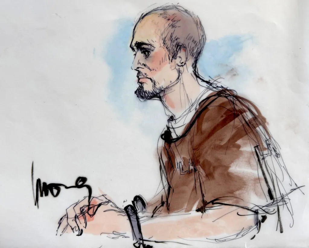 Illustration of Nick Reiner in court.