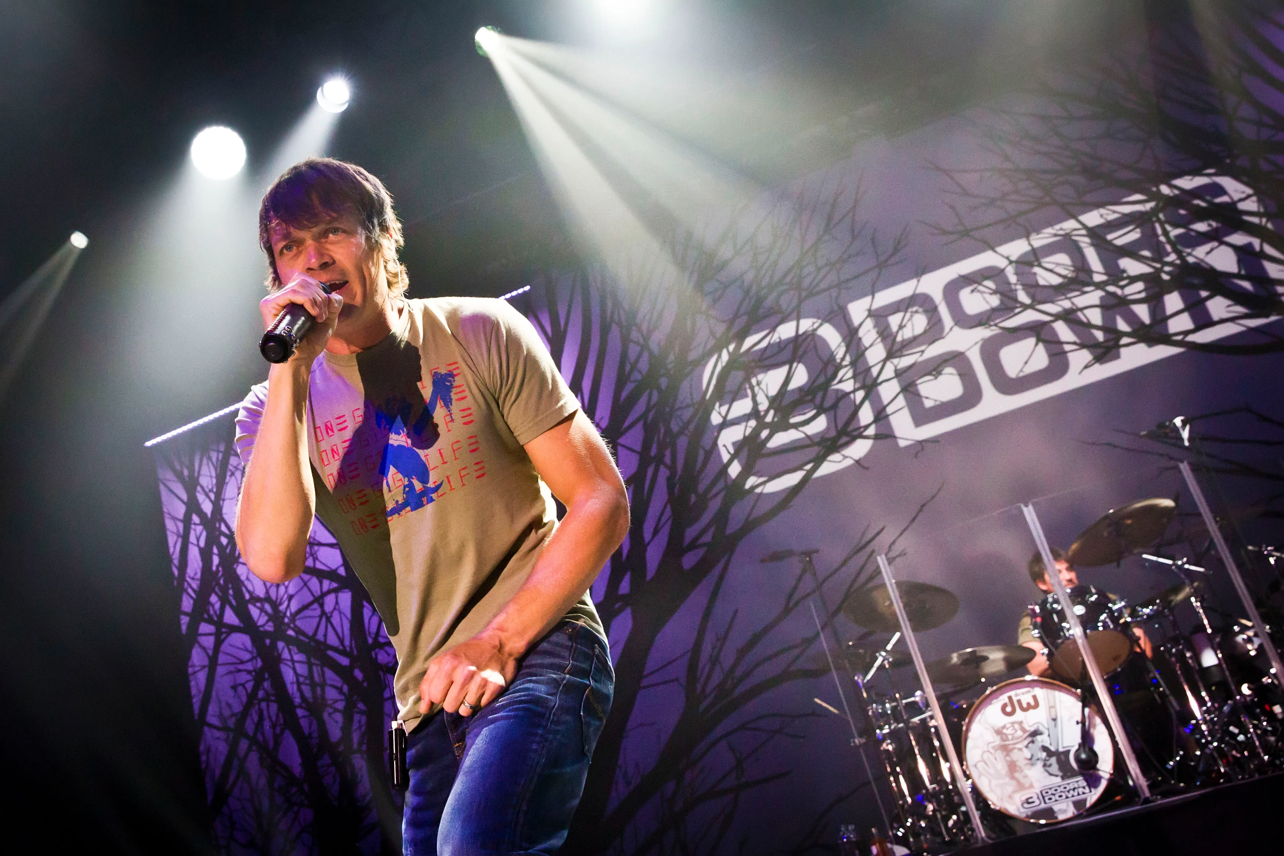 Singer Brad Arnold of 3 Doors Down performing live on stage.