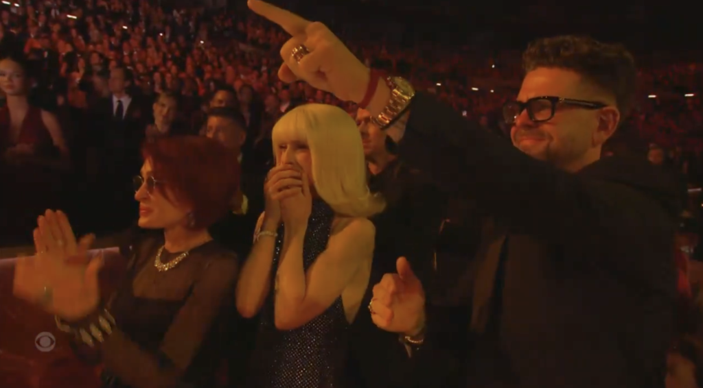 The Osbournes crying during a tribute to Ozzy at the 2026 Grammys.