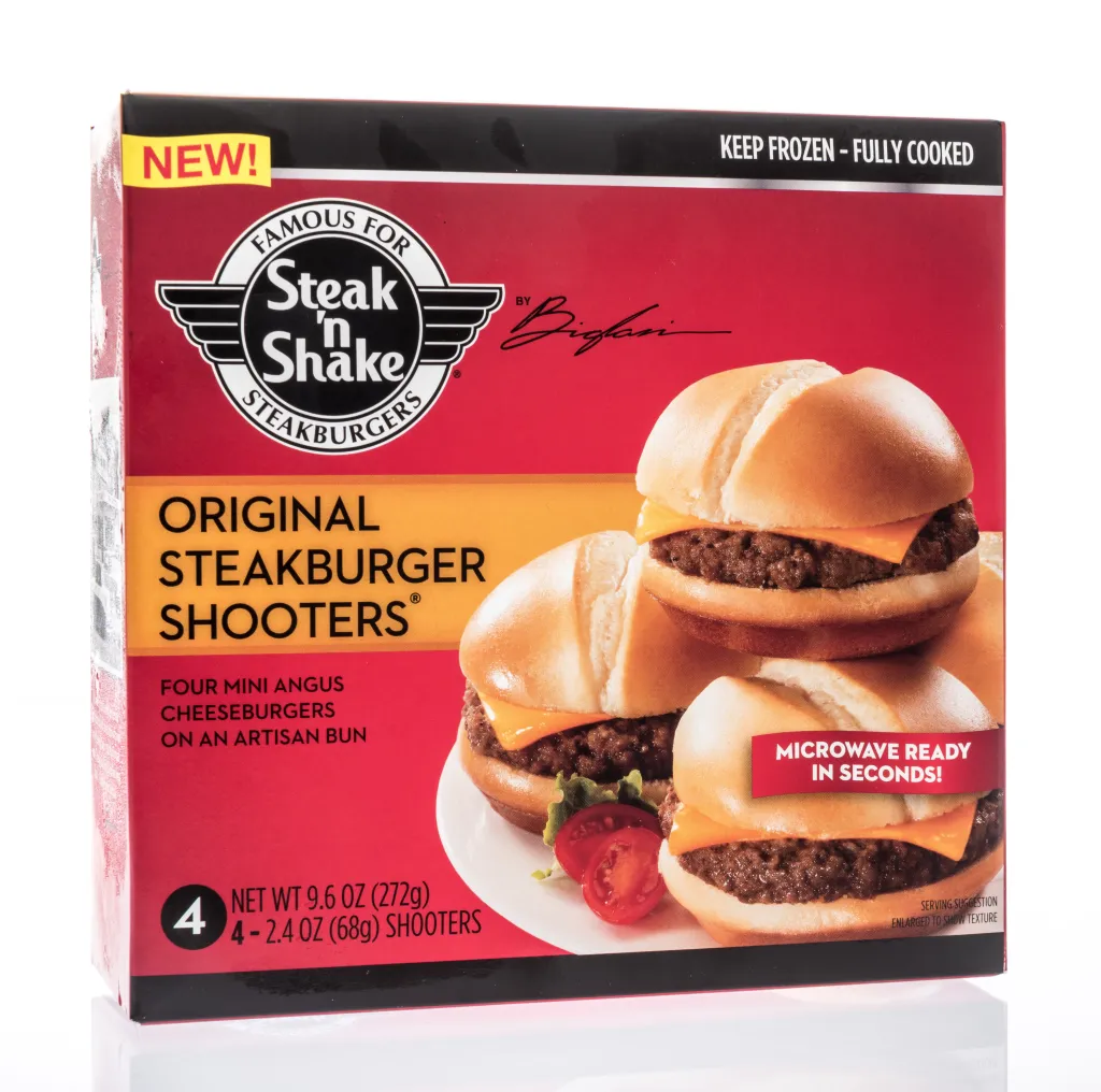 A package of Steak n' Shake original steakburger shooters.