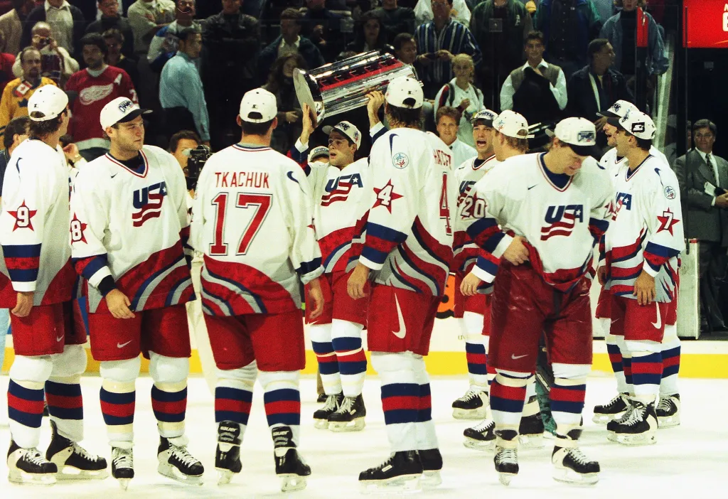 Pat LaFontaine celebrating with the trophy after Team USA's World Cup of Hockey win on Sept. 14, 1996 in Montreal.