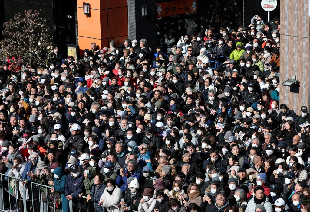 A crowd of supporters waiting for Takaichi to speak at a campaign event in Higashimatsuyama on Feb. 3, 2026.