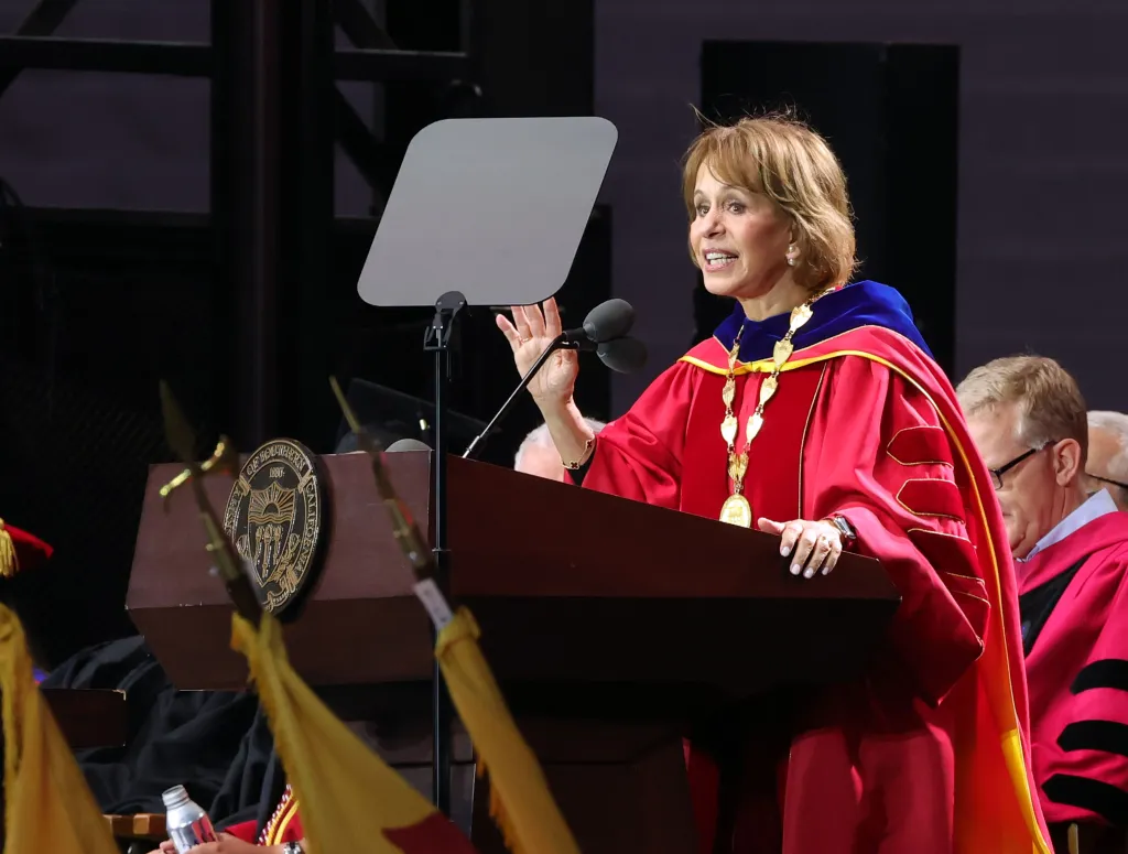 USC President Carol Folt speaking at the 2025 Graduation Ceremony.