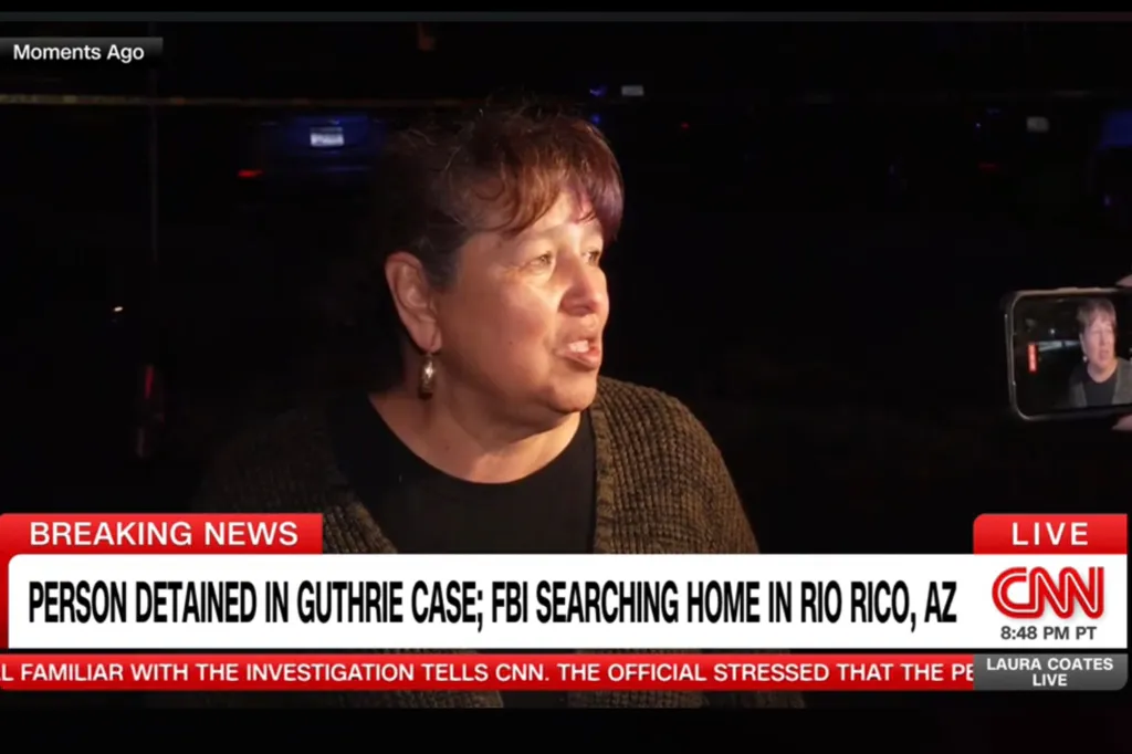 A woman speaks to reporters after her son-in-law was detained in Nancy Guthrie's case on Feb. 10, 2026.