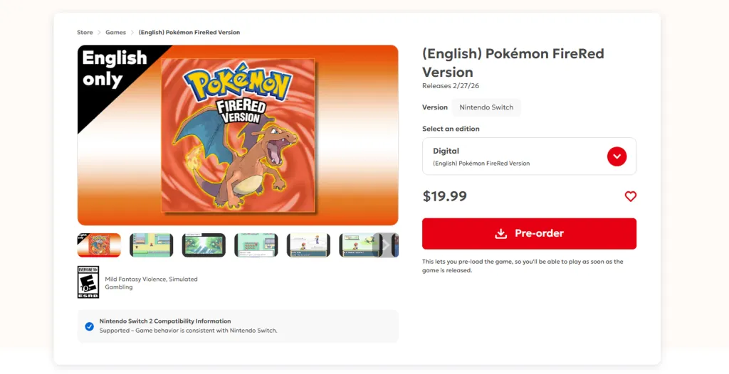  Pokémon FireRed & LeafGreen Switch 2 Pre-Order Page