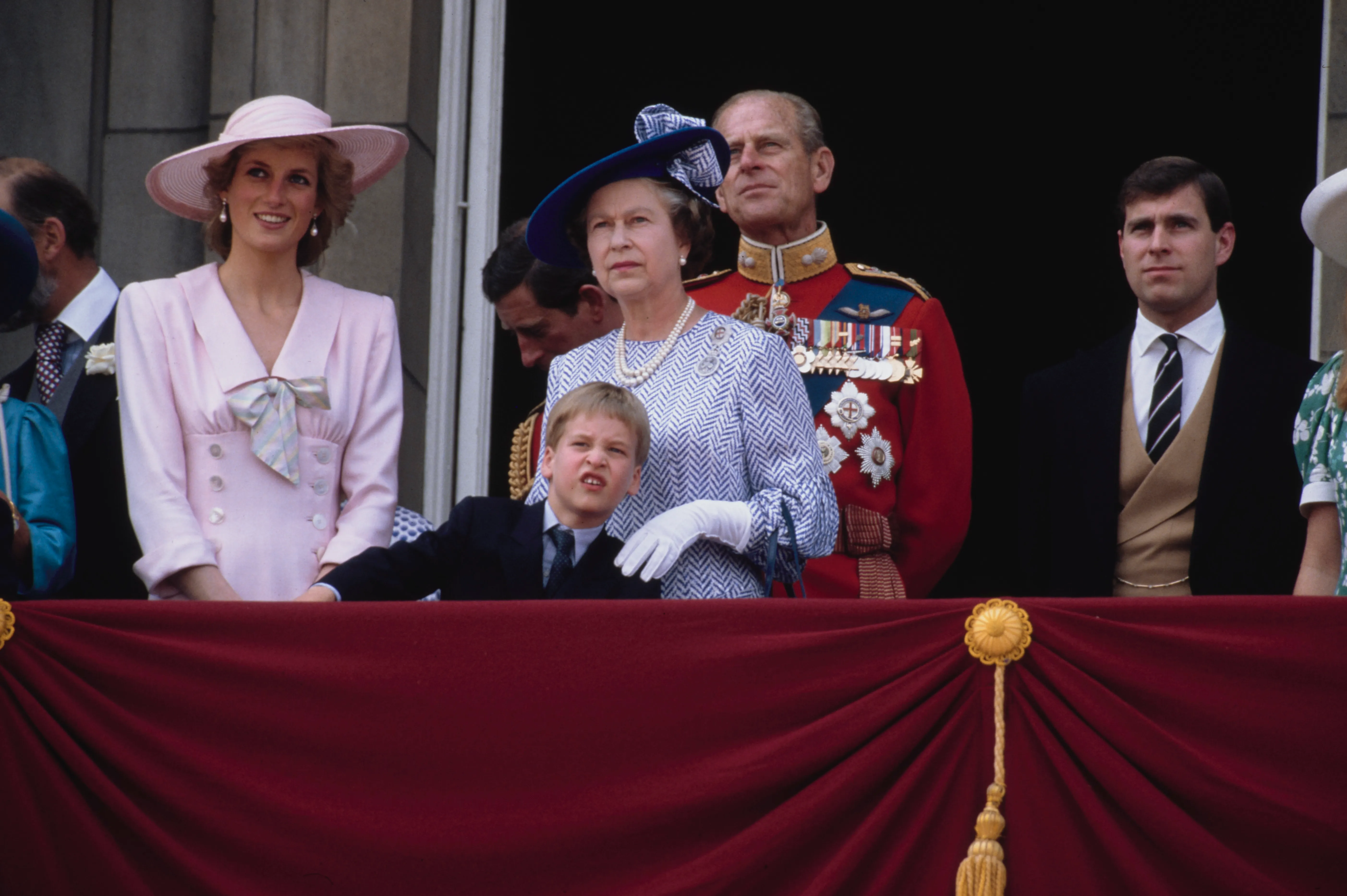 Princess Diana, Prince William, Queen Elizabeth II, Prince Philip, and Prince Andrew on the Buckingham Palace balcony for Trooping the Colour.