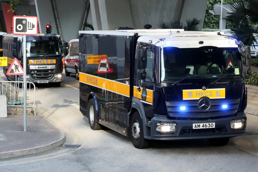 A prison van believed to be carrying Jimmy Lai, founder of the now-defunct pro-democracy newspaper Apple Daily, arrives at the West Kowloon Magistrates' Courts building for sentencing in his national security collusion trial, in Hong Kong, China, February 9, 2026.