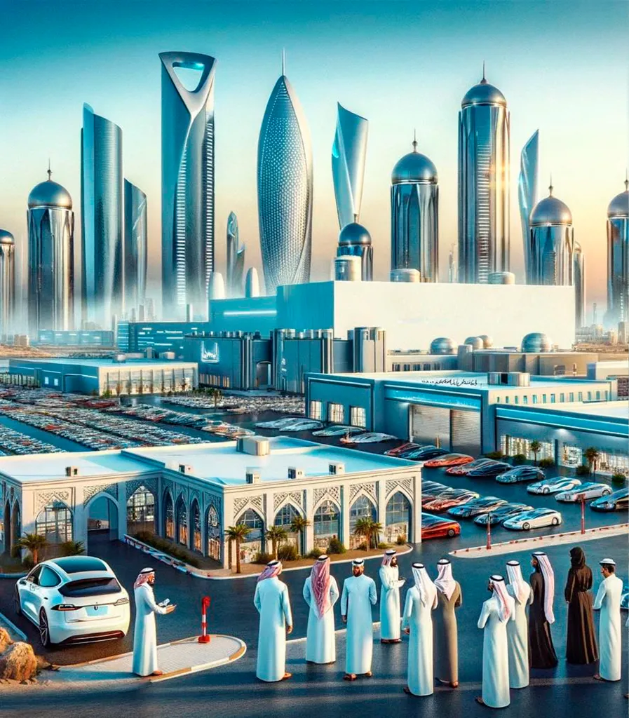 Illustration of a futuristic coastal city with skyscrapers and a man in traditional attire standing by a white car, as part of 