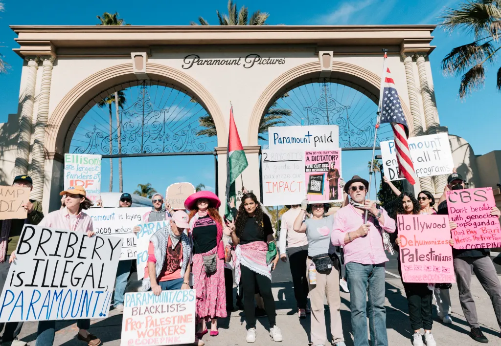 Protestors from activist groups block the entrance to Paramount Studios in Hollywood, CA to protest its shift to the right in journalism.