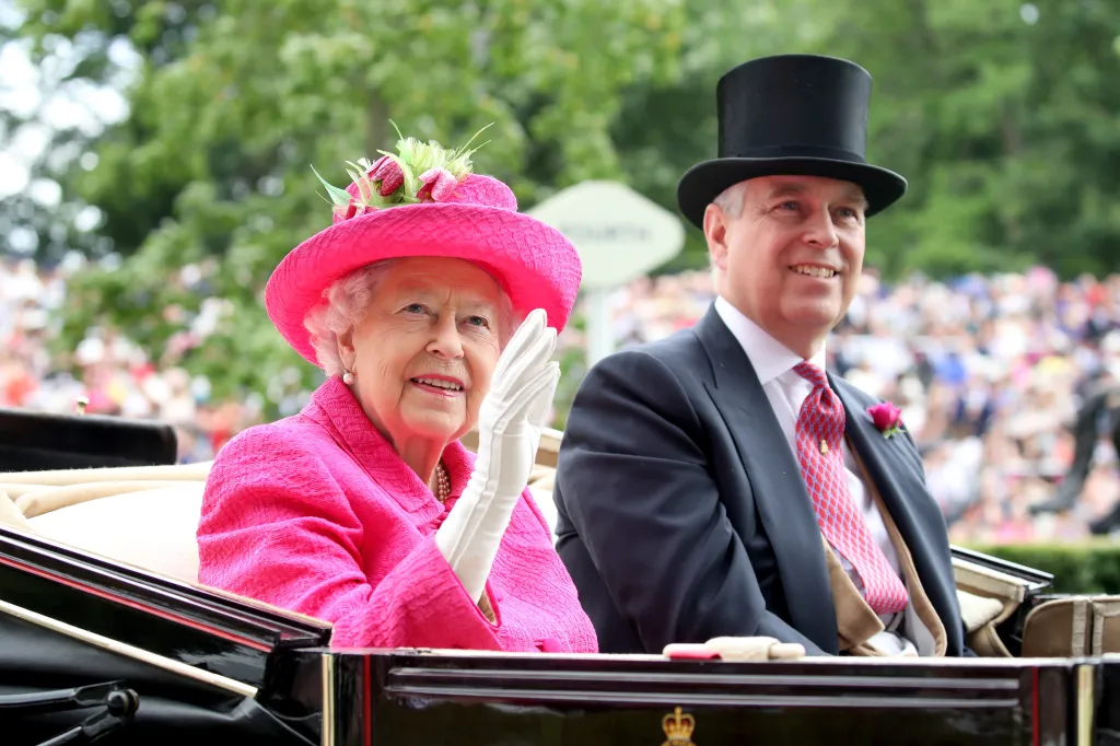 Queen Elizabeth II and Prince Andrew in a carriage at Royal Ascot.