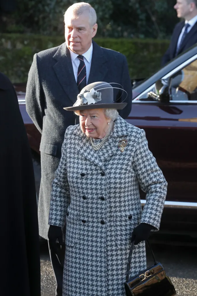 Queen Elizabeth II and Prince Andrew attending church.