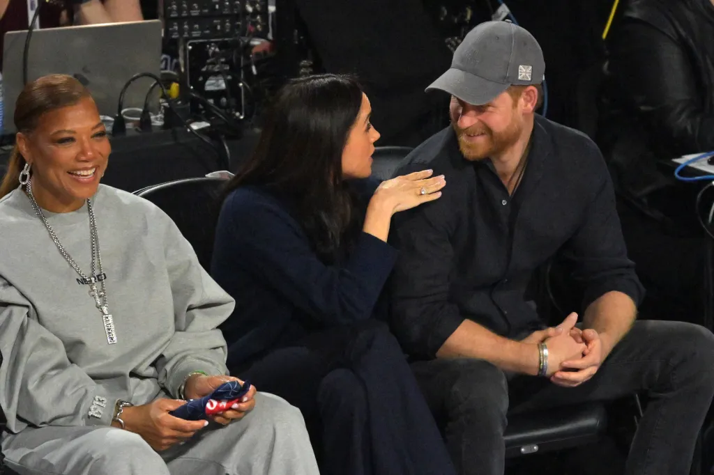 Queen Latifah, Meghan Markle, and Prince Harry at the 75th NBA All Star Game.