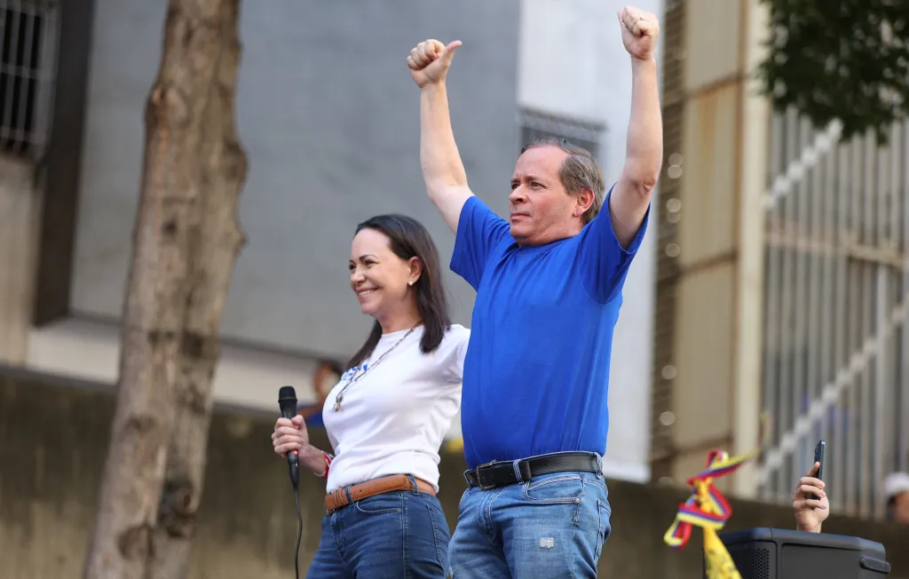 Venezuelan opposition leader Maria Corina Machado and Juan Pablo Guanipa during a protest in Caracas.