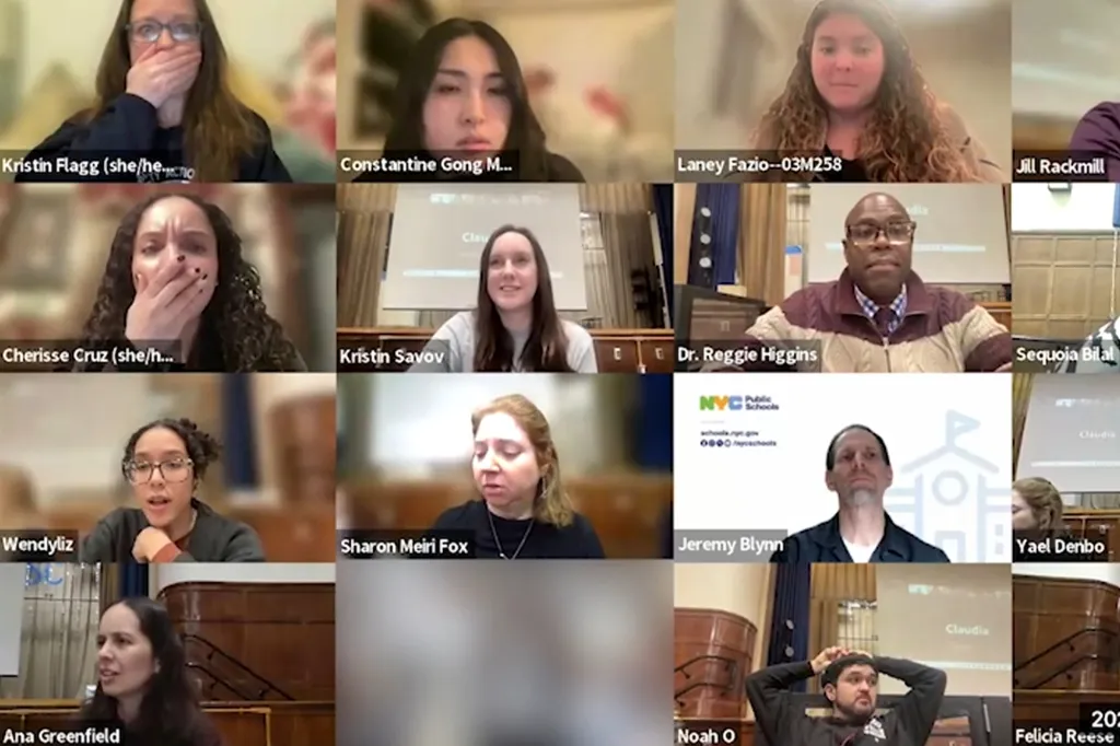 A video call grid of multiple people, two of whom are covering their mouths in shock.