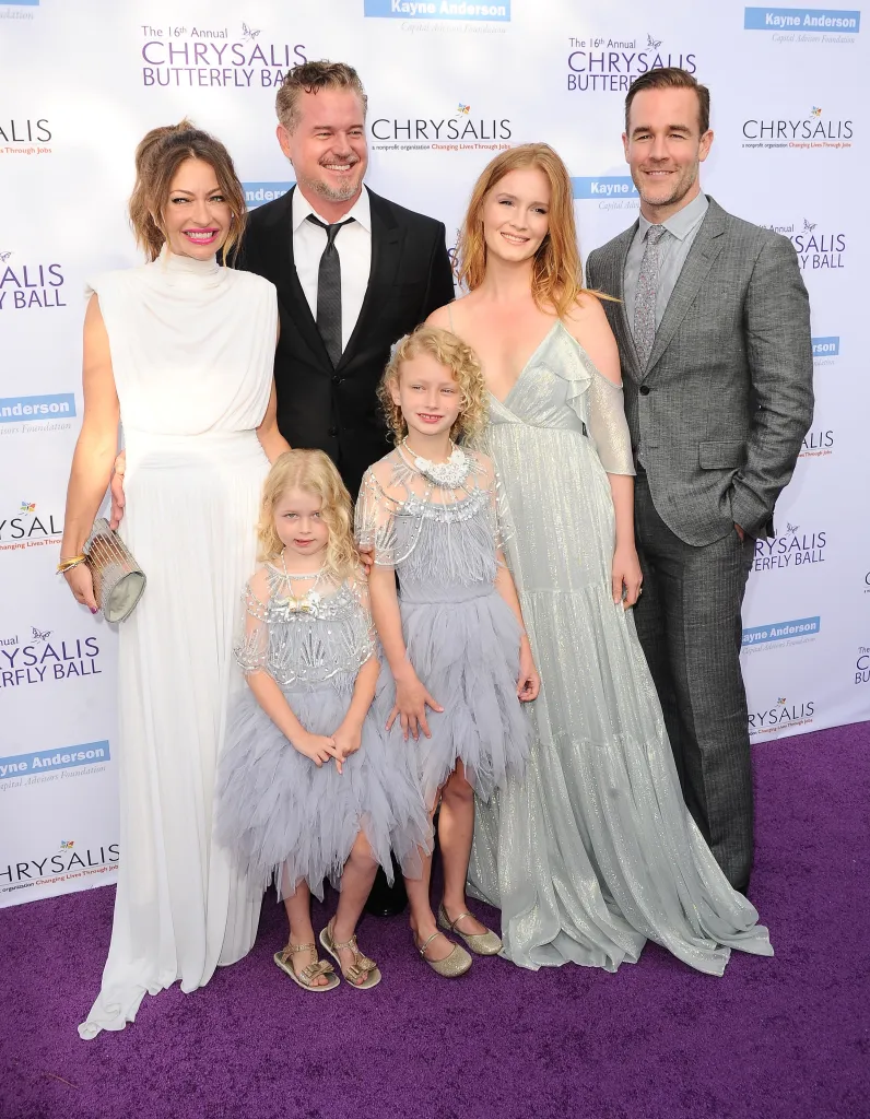 Rebecca Gayheart-Dane, Eric Dane, Kimberly Brook, James Van Der Beek, Georgia Dane, and Billie Beatrice Dane posing at the 16th Annual Chrysalis Butterfly Ball.