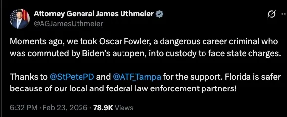Screenshot of a tweet from Attorney General James Uthmeier announcing the arrest of Oscar Fowler.