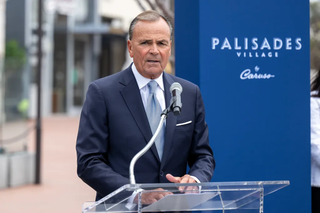 Rick Caruso speaking at a press conference about Palisades Village.