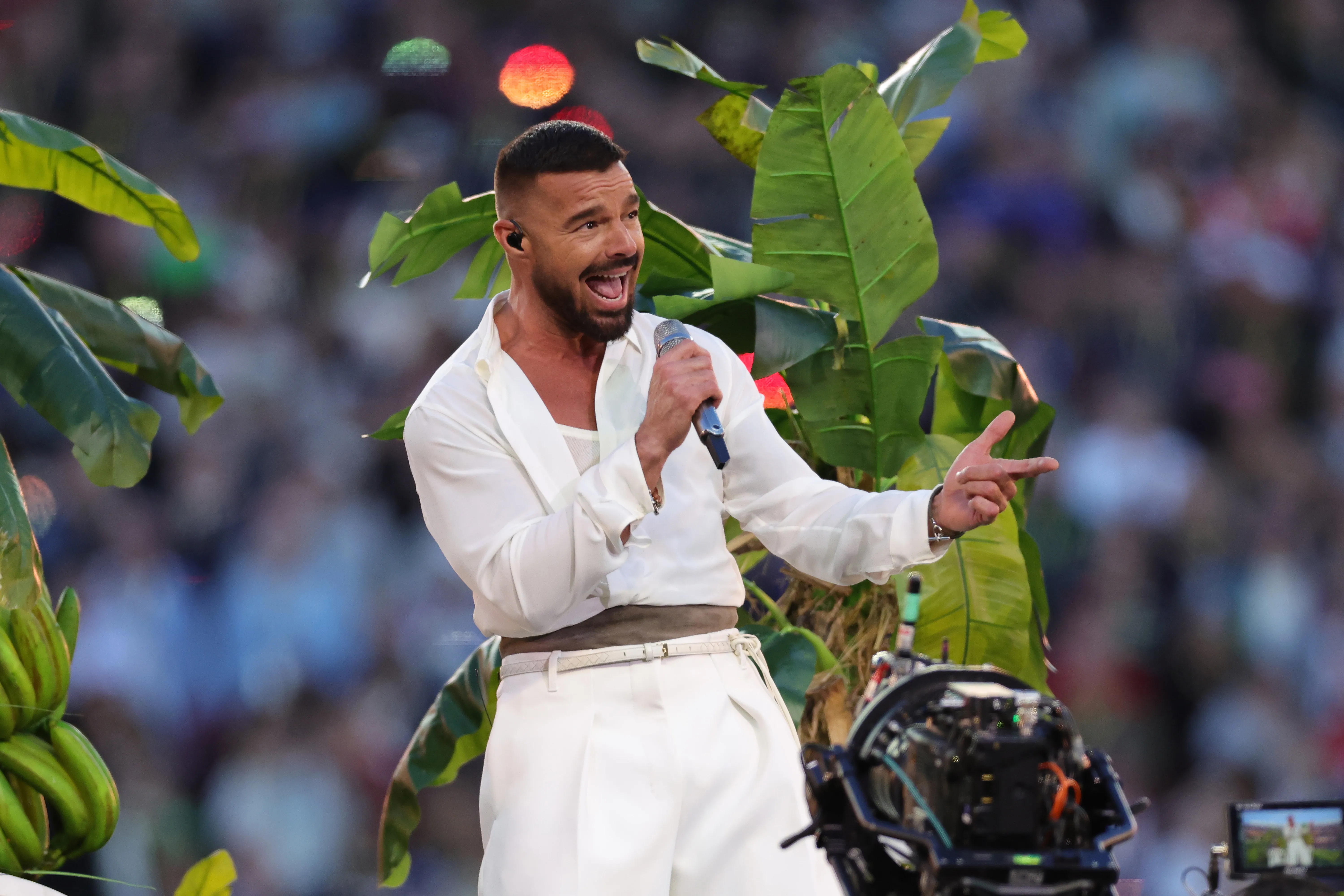 Ricky Martin performing onstage during the Super Bowl LX Halftime Show.