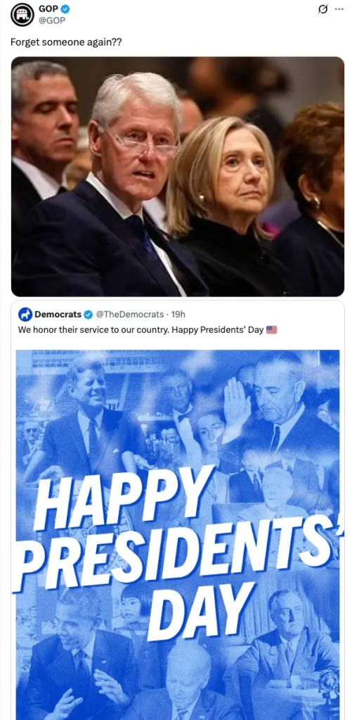 Democrats were mocked for leaving one of their most popular presidents off their party’s Presidents' Day message after Republicans noticed that former President Bill Clinton was absent.