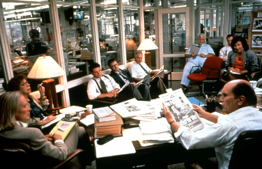 Glenn Close (left) and Robert Duvall (right) in a scene from the film The Paper.