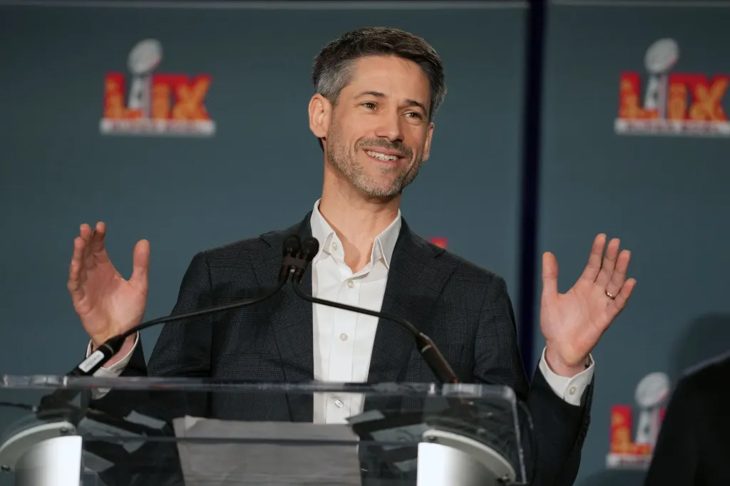 San Jose Mayor Matt Mahan speaking at a press conference.