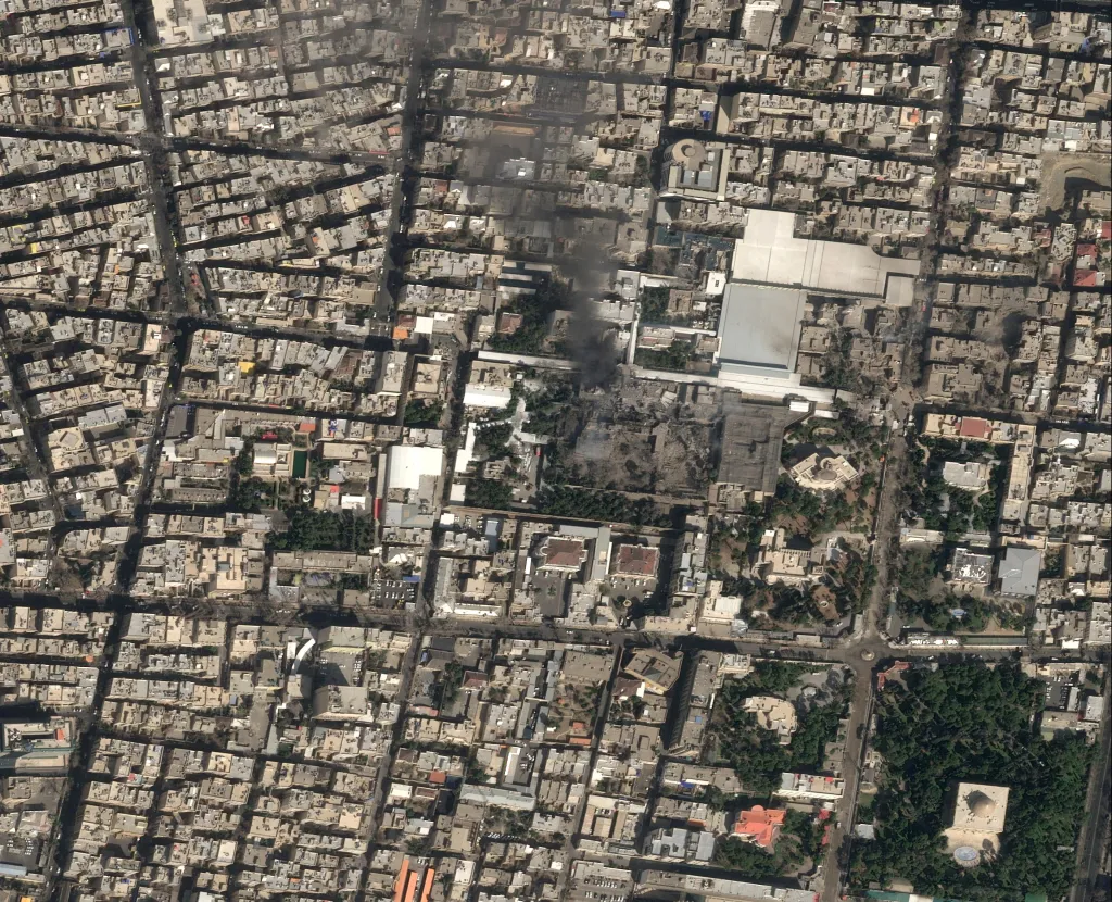 Satellite image of black smoke rising and heavy damage at Iranian Supreme Leader Ayatollah Ali Khamenei's compound in Tehran.