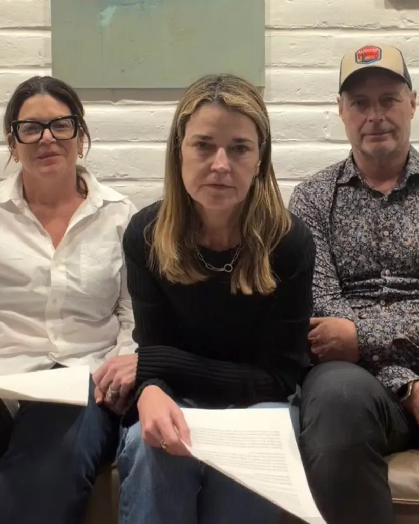 From left, Annie Guthrie, in a white shirt and jeans, Savannah Guthrie, in a black top and jeans, Camron Guthrie, in a baseball cap, patterned shirt and jeans.