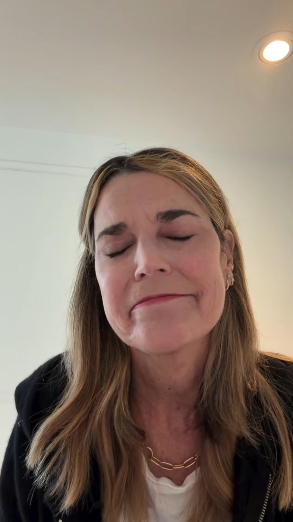 Savannah Guthrie with her eyes closed, looking distressed, pleading for help to find her mother.