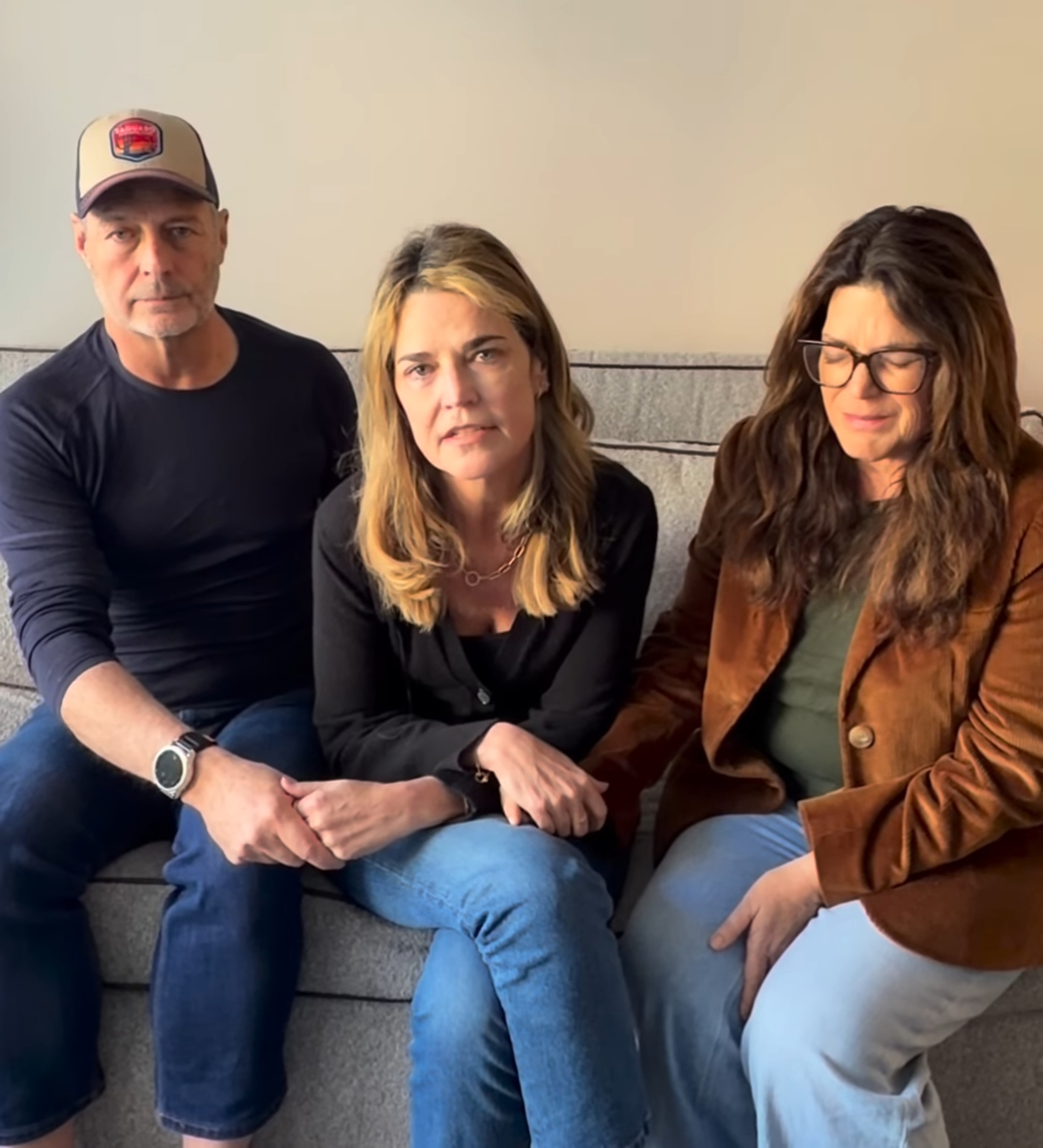 Three family members on a couch making an emotional plea.