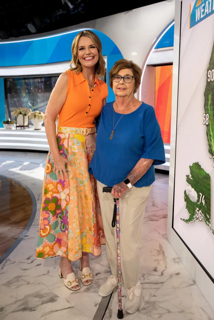 Savannah Guthrie and her mother Nancy Guthrie smiling on a TV set.