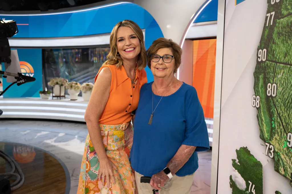 Savannah Guthrie and her mother Nancy Guthrie smiling at the camera in the TODAY show studio.