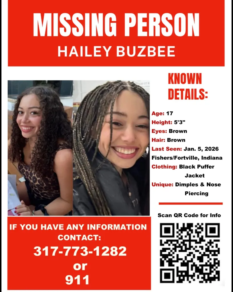 Missing person poster for Hailey Buzbee, 17, with two photos of her and contact information.