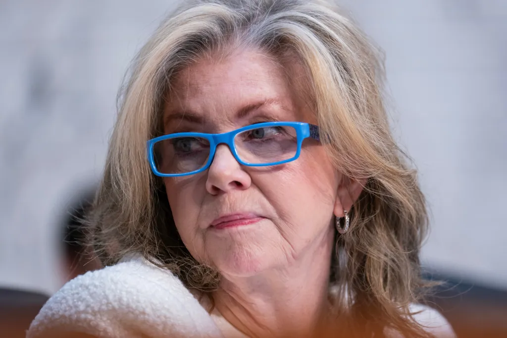 Sen. Marsha Blackburn listens to testimony at a Senate committee hearing.