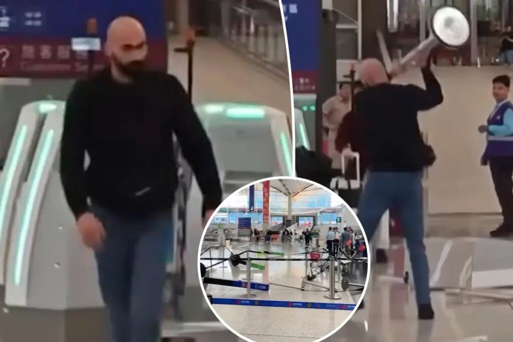 Violent passenger goes on kiosk-smashing rampage at airport in wild video