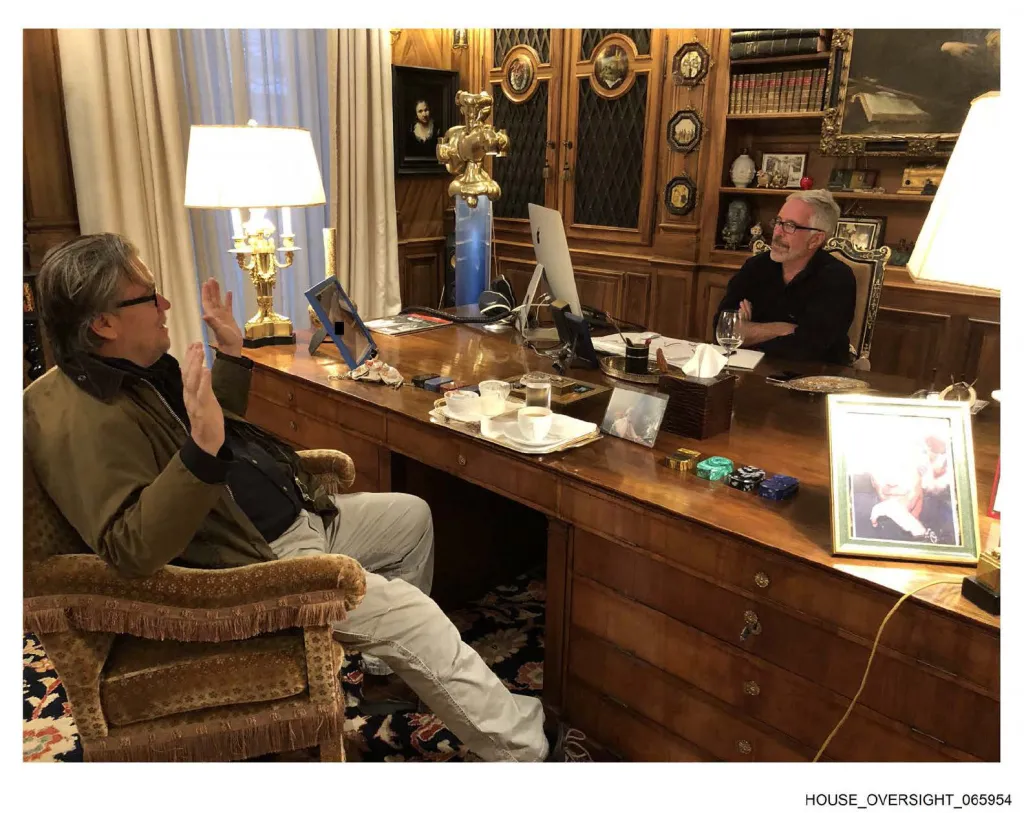 Late convicted sex offender Jeffrey Epstein (R) speaking to US political strategist Steve Bannon.