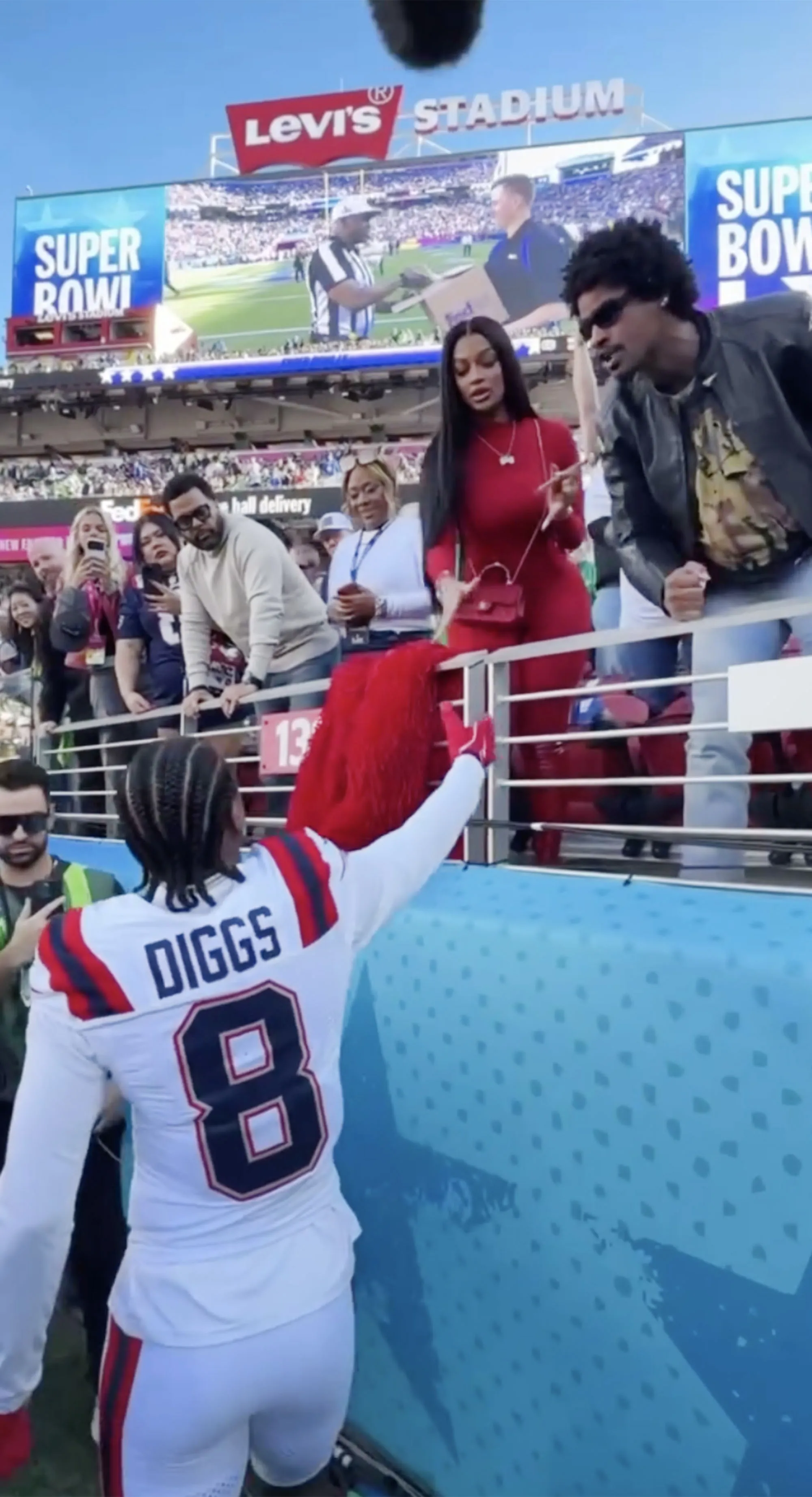 Stefon Diggs greets Pree at Levi's Stadium during Super Bowl LX.