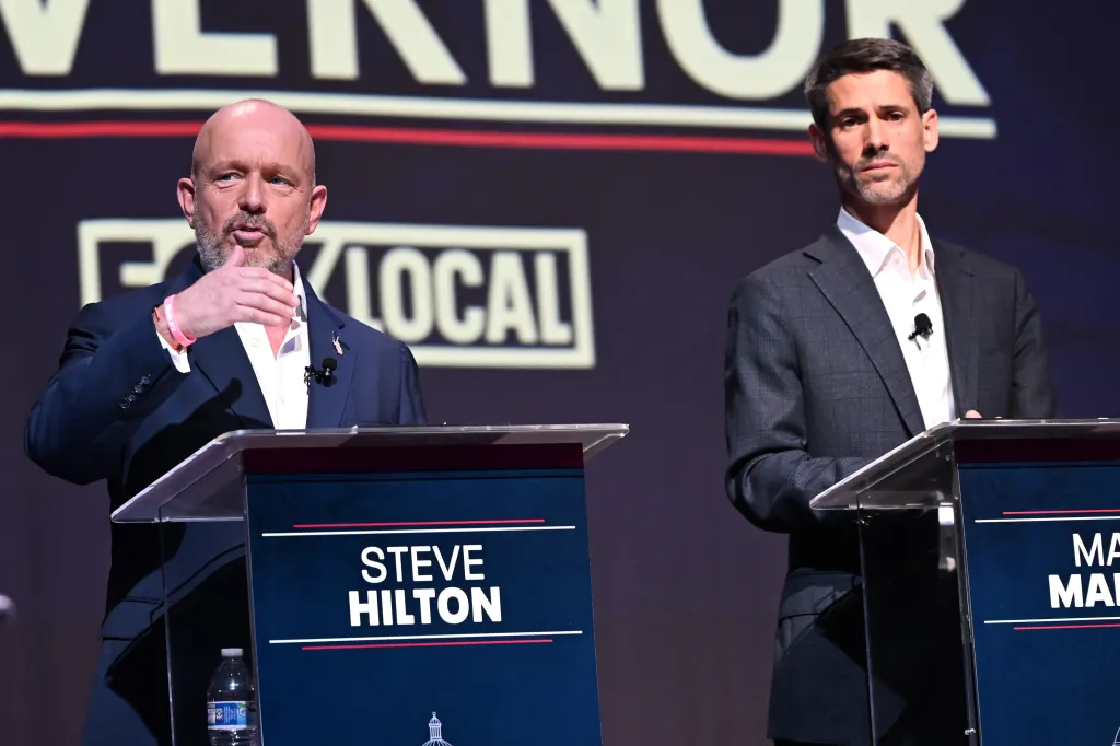 Steve Hilton and Matt Mahan at a California gubernatorial candidate debate.