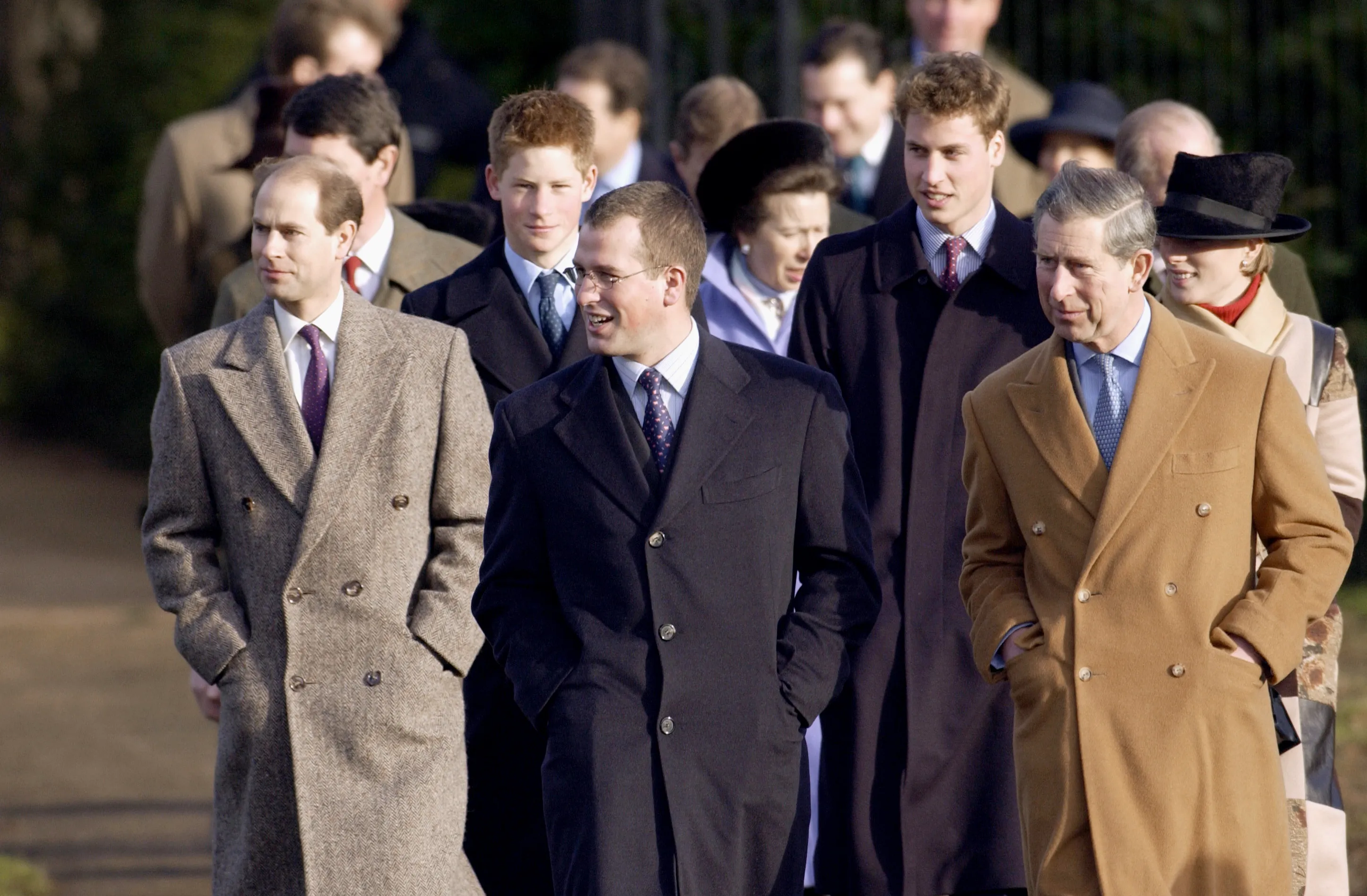 Royal family members including Prince Charles, Prince Edward, Peter Phillips, Prince William, Prince Harry, Princess Anne, and Zara Phillips walk to church on Christmas Day.