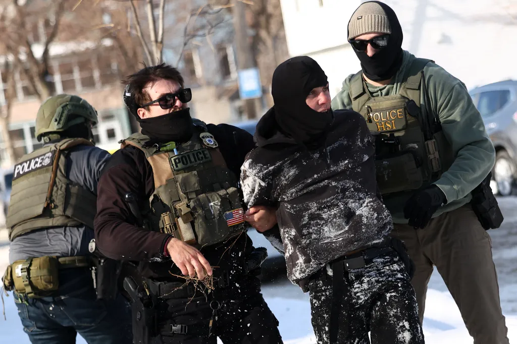detain a protester in Minneapolis, Minnesota on February 3, 2026.