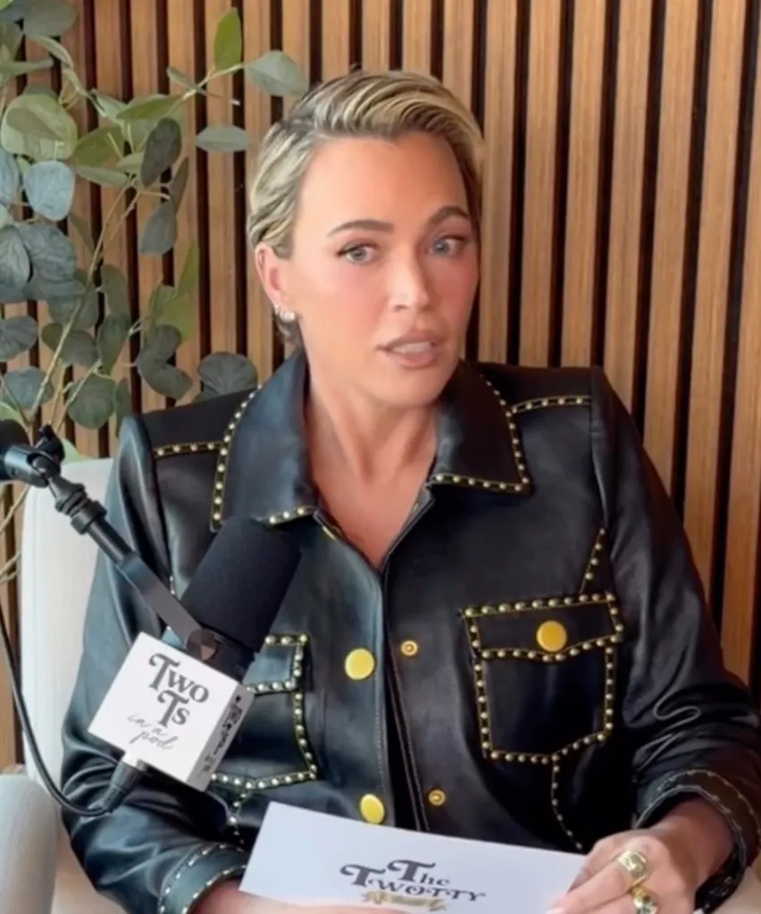 Teddi Mellencamp in a black leather jacket with gold studs and buttons, speaking into a microphone.