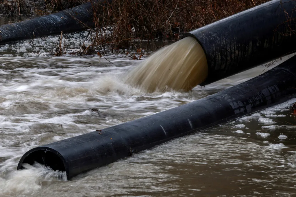 Temporary pipes divert sewage into the C&O Canal for workers to repair the Potomac Interceptor on Feb. 18, 2026.
